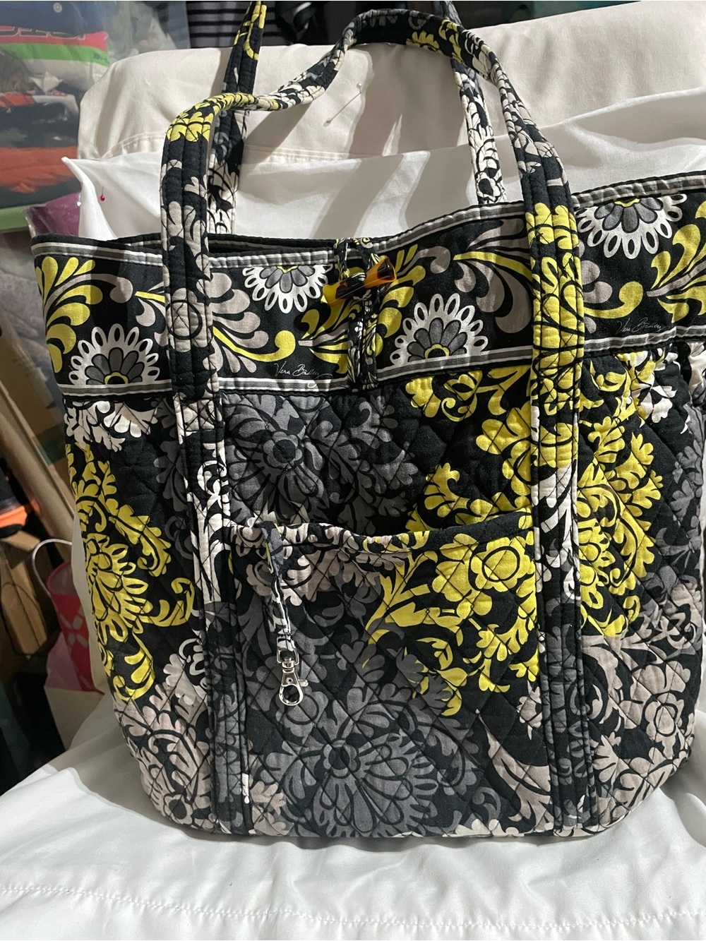 Quilted Floral Tote Bag in Black, Gray & Yellow
